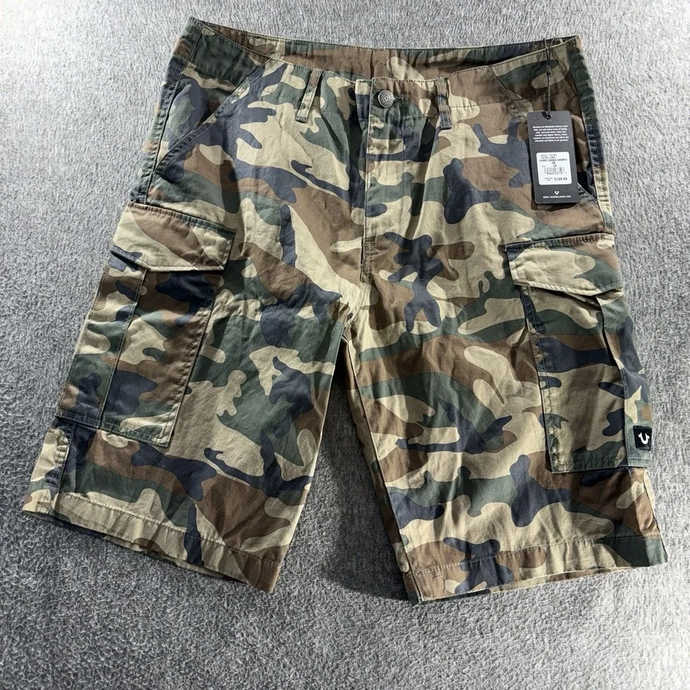 True Religion Cargo Shorts Green Camo 100% Cotton Men's Size 34